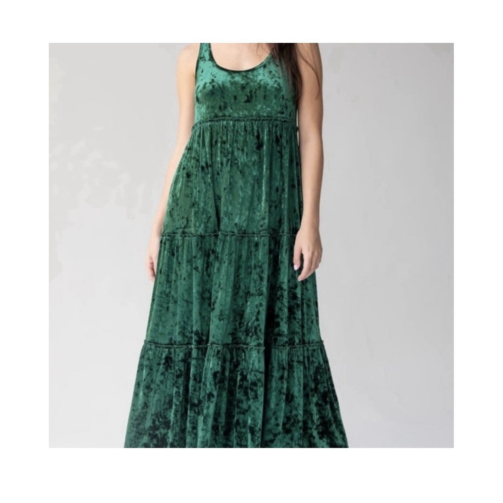 Natural Life Karlie Velvet Maxi Dress Womens L Green Tiered Sleeveless Pocket